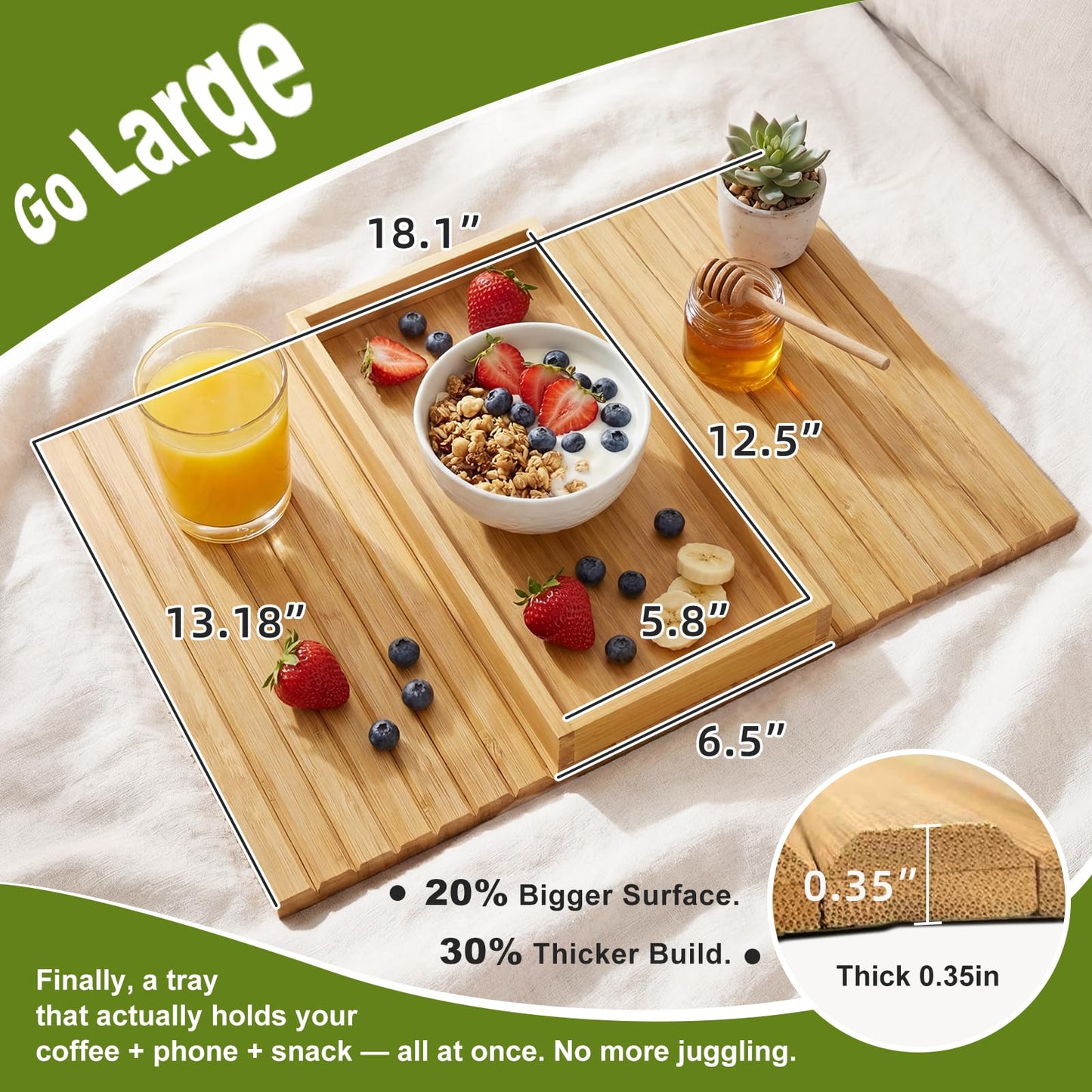 B-Zefyrn Sofa Arm Tray, Foldable Bamboo Couch Armrest Table with Large 12.5" x 5.8" Storage Compartment, Portable Chair Couch Caddy Arm Tray for Cup TV Snacks Phone Remote Anti-Slip Bottom