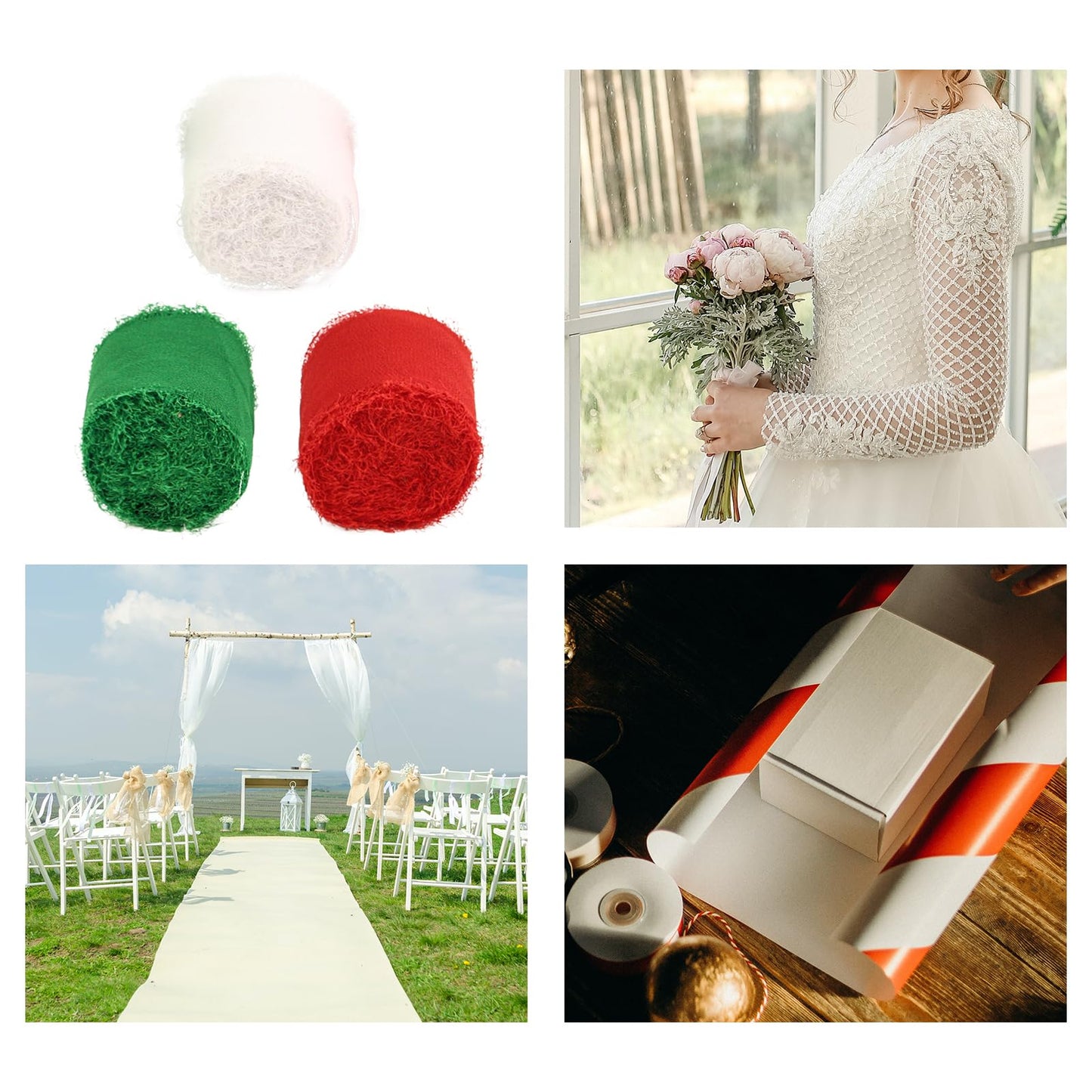 3 Rolls Christmas Chiffon Ribbon 1.5" X 7yd, Handmade Fringe Chiffon Silk Ribbon Red Green White Ribbons Set for Gifts Wrapping, Wedding Invitations, Bridal Bouquets, DIY Crafts, Christmas