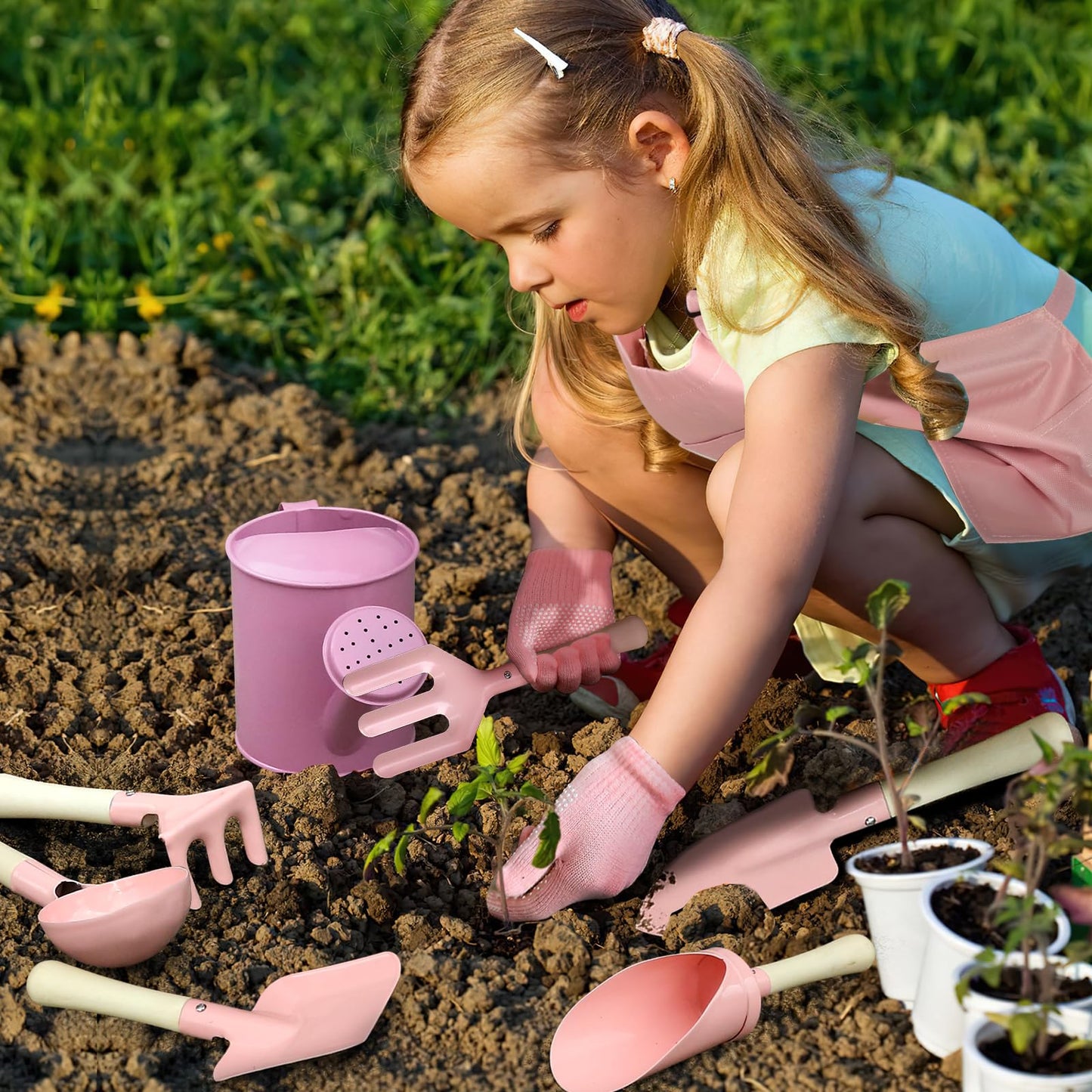 Qtioucp Kids Gardening Set 14Pcs Garden Tools with Tote Bag,Watering Can, Shovel, Apron, Garden Book and More Educational STEM Learning Outdoor for Toddlers Boys Girls (Floral)