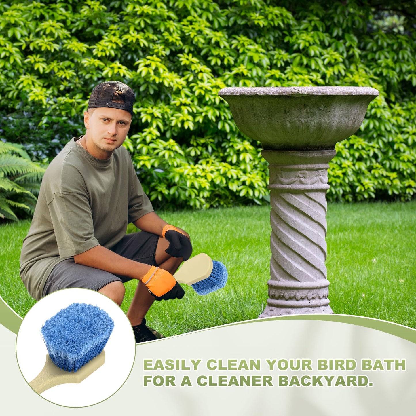 M METERXITY 1-Pack Bird Bath Cleaning Brush, 8.7" Plastic Bird Bath Cleaner with Ergonomic Handle for Fountain/Feeder/Outdoor Cleaning, Utility Hard Stiff Bristle Scrub [Beige Handle, Blue]