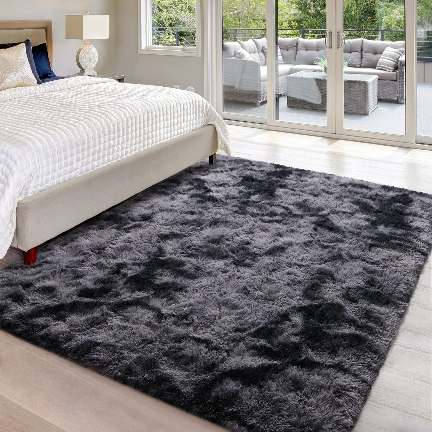 Hutha 5x8 Large Area Rugs for Living Room, Super Soft Fluffy Modern Bedroom Rug, Tie-Dyed Dark Grey Indoor Shag Fuzzy Carpets for Girls Kids Nursery Room Home Decor