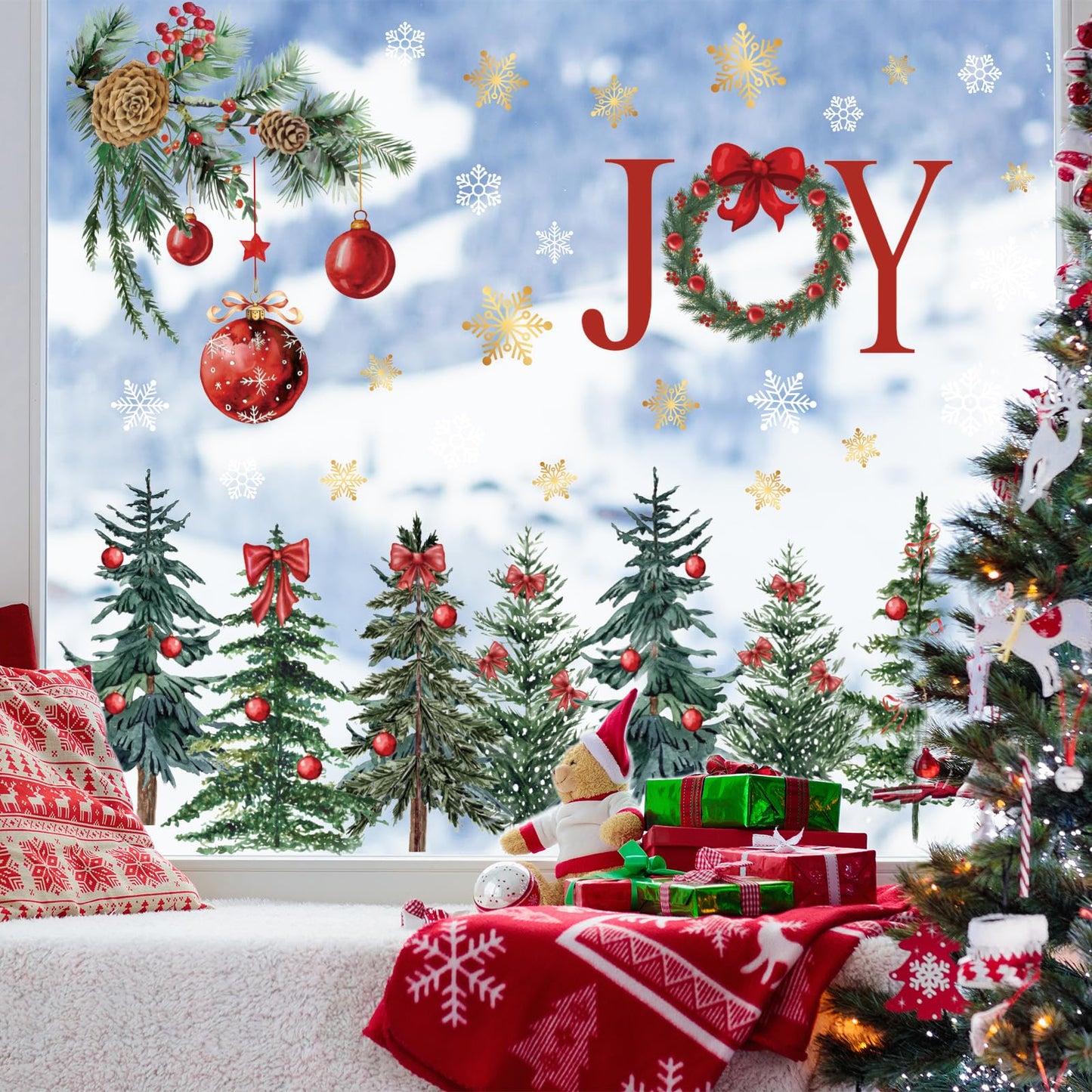 6 Sheets Christmas Window Clings Red Xmas Ball Tree Branch Snow Reusable Glass Decals for Winter Holiday Party Home Glass Window Decor