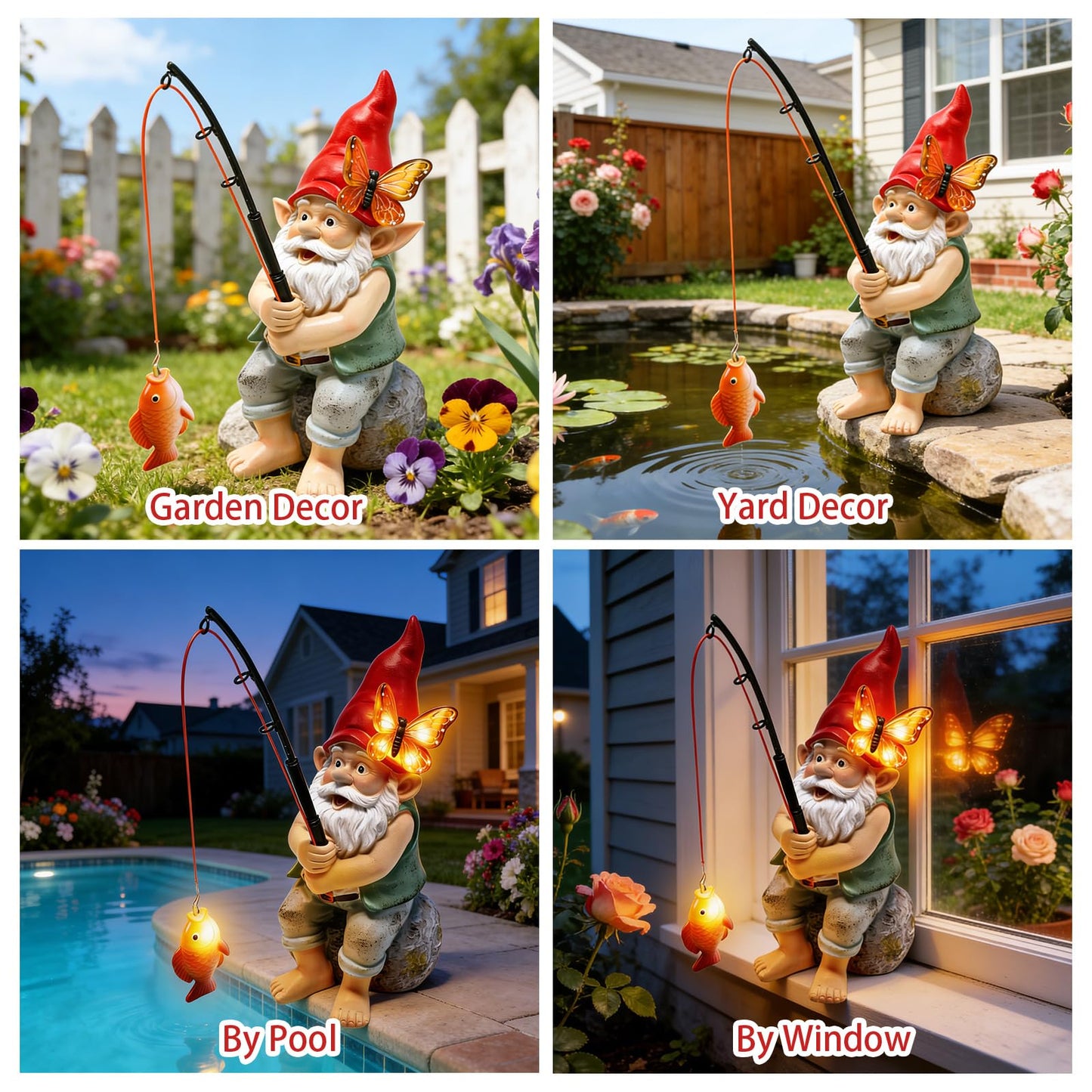 Solar Garden Gnome Statues, Outdoor Fishing Gnome with Butterfly Solar Lights Waterproof, Birthday Gifts for Mom Women Mother's Day, Garden Figurines for Yard Decor Patio Porch Lawn Ornaments