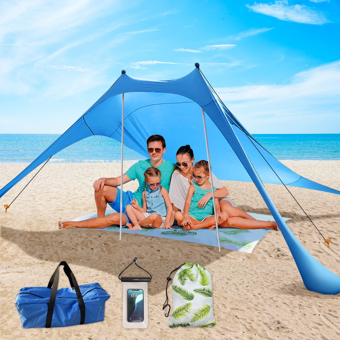 Beach Shade Canopy with Beach Blanket Phone Case Sun Shelter Umbrella UPF50+ Protection Portable 7.5X7.5Ft Camping Tents for Beach Outdoor Camping Backyard Picnics Easy to Set Up for Outdoor Camping
