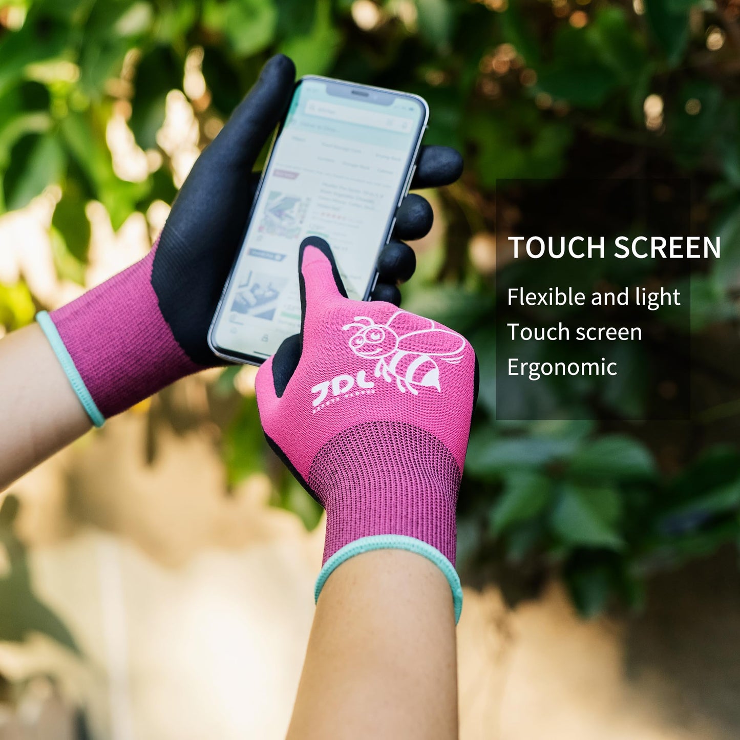 JDL 3 Pairs Nylon Nitrile Coated Gardening Gloves for Women, Touchscreen Yard Garden Gloves, Breathable Safety Work Gloves with Grip, Pink, Medium