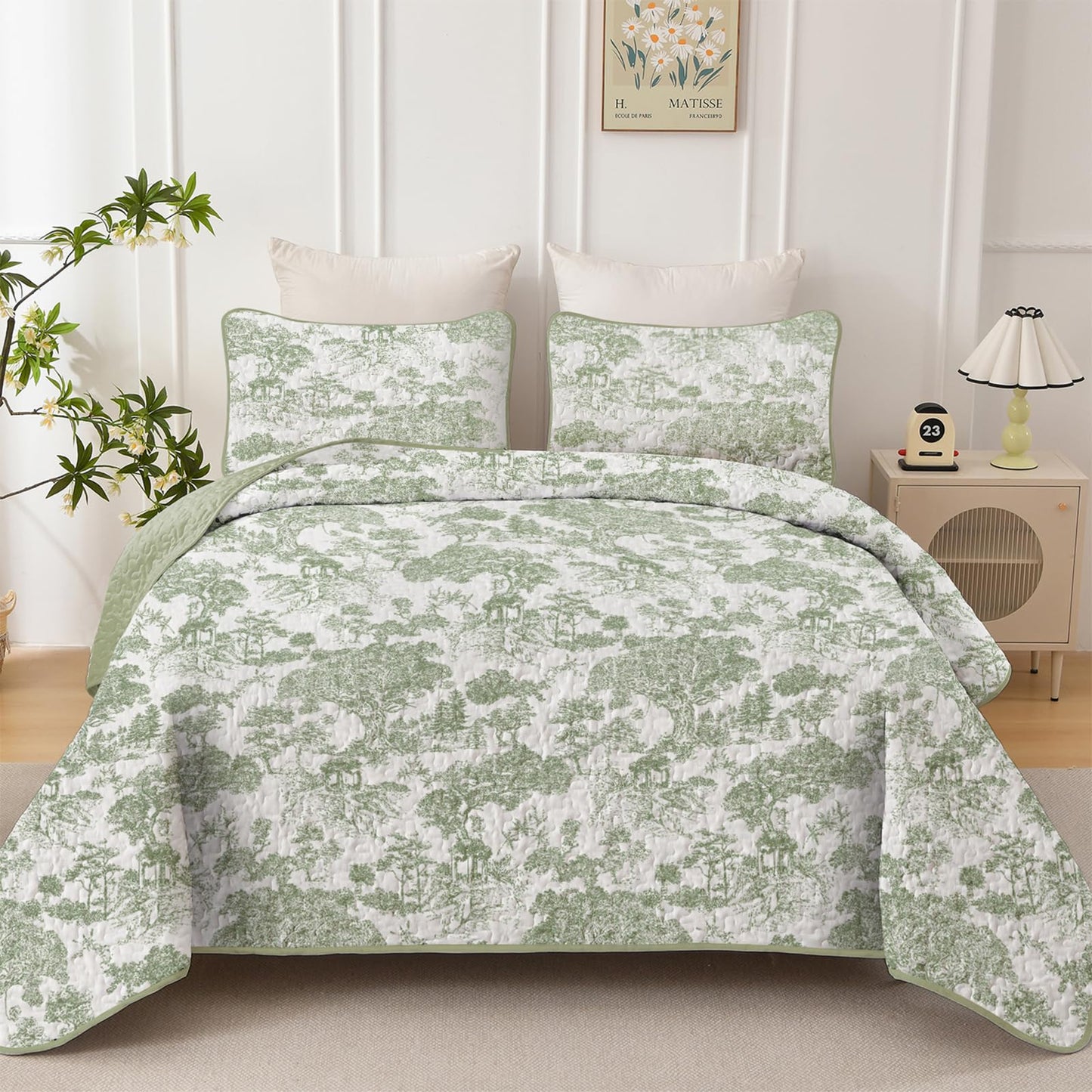 WONGS BEDDING Botanical Quilt Set Queen Size, Sage Green 3 Pieces Toile Floral Plants Printed Bedspread Bedding Set Soft Lightweight Microfiber Coverlet Set for All Season (96"x90")