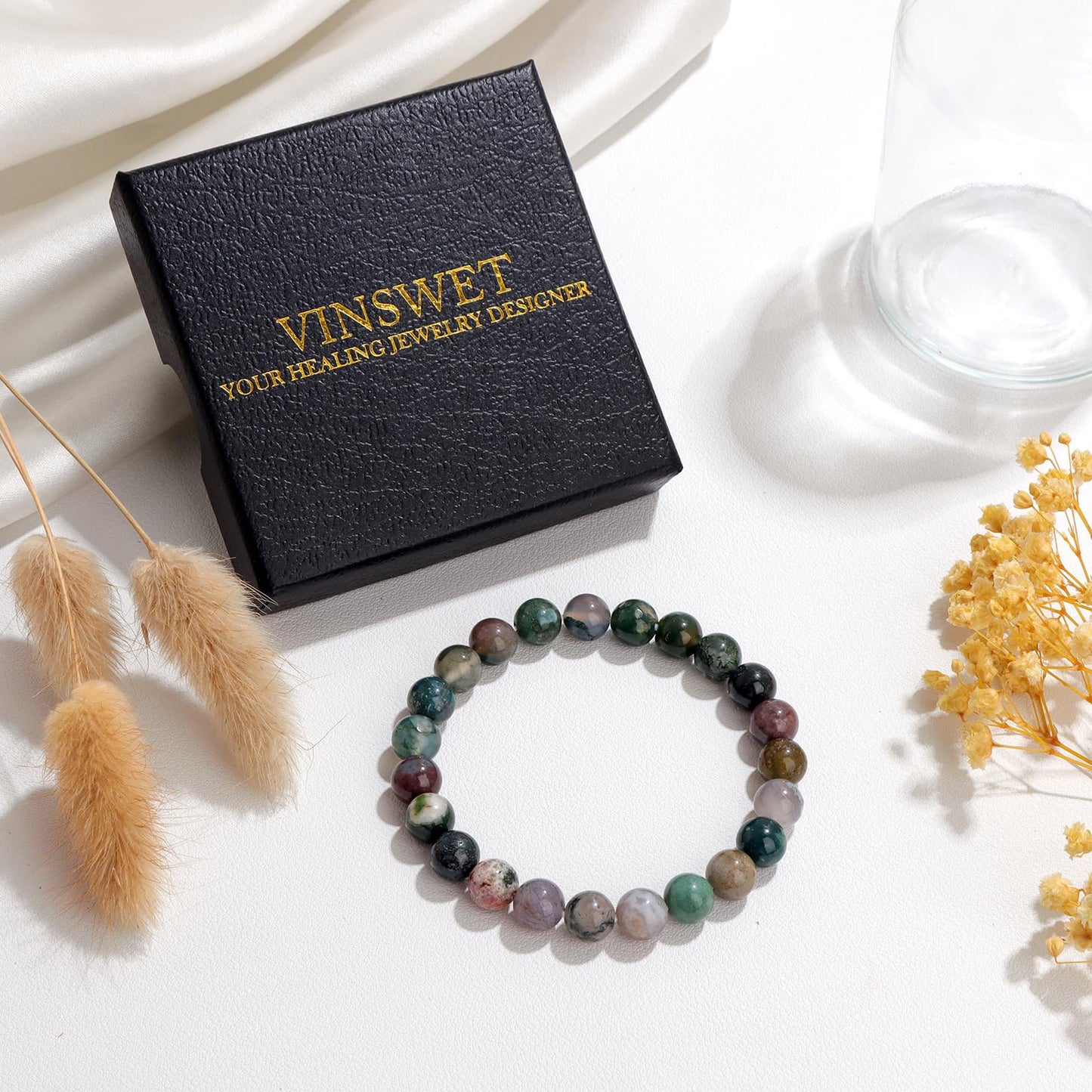 Vinswet Healing Crystal Bracelets for Women Men 8mm India Agate Natural Stone Beaded Stretch Bracelet Handmade Gemstone Reiki Spiritual Jewelry Gifts
