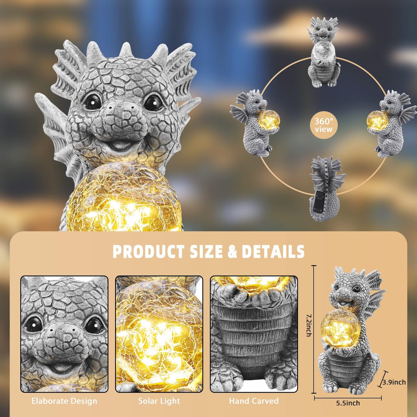 Newinhome Solar Garden Decorations - Dragon Statue with Crackle Glass Ball Light - Garden Decor for Patio, Yard, Lawn, Pathway, Landescape - Housewarming Gifts - Dragon Gifts for Women Mom Grandmom