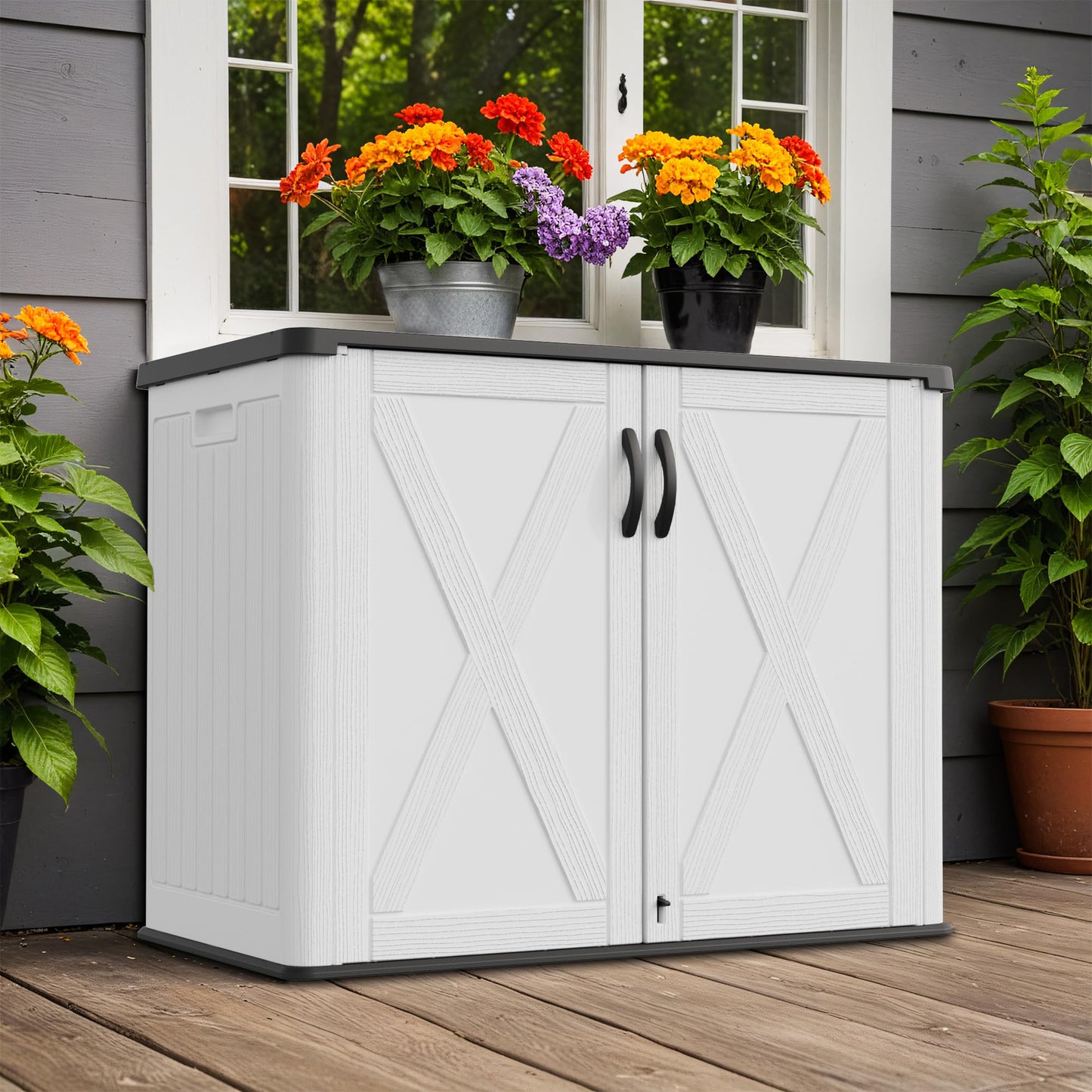 Greesum Outdoor Storage Cabinet, 25 CUFT Deck Box Without Shelves, Waterproof Plastic Storage Shed for Patio Cushions, Gardening Tools, Lockable and Sidehandles, UV Resistant, White