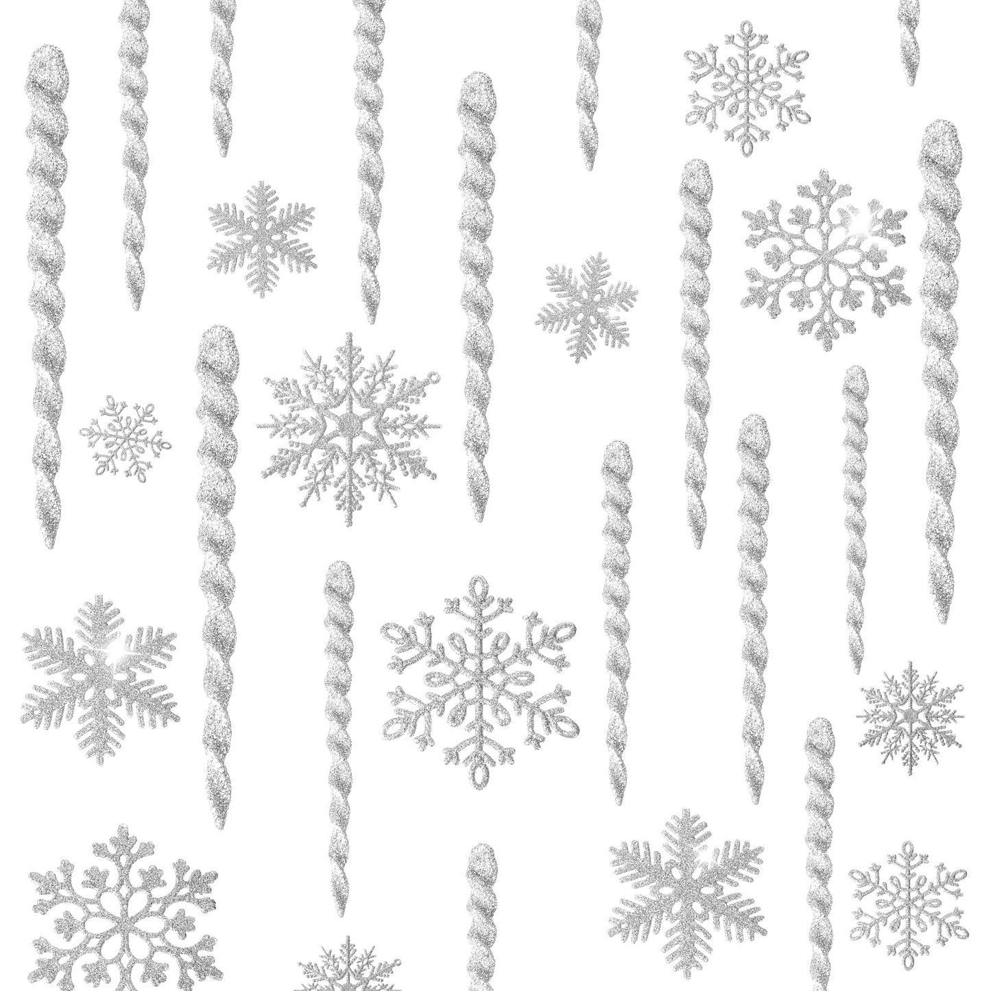 Skylety 48 Pieces Christmas Icicle Ornaments for Tree Glitter Snowflake Hanging Decorations with Aluminum Spiral Strip Hangings for Window Door Home Wedding Winter Snow Party(Silver)