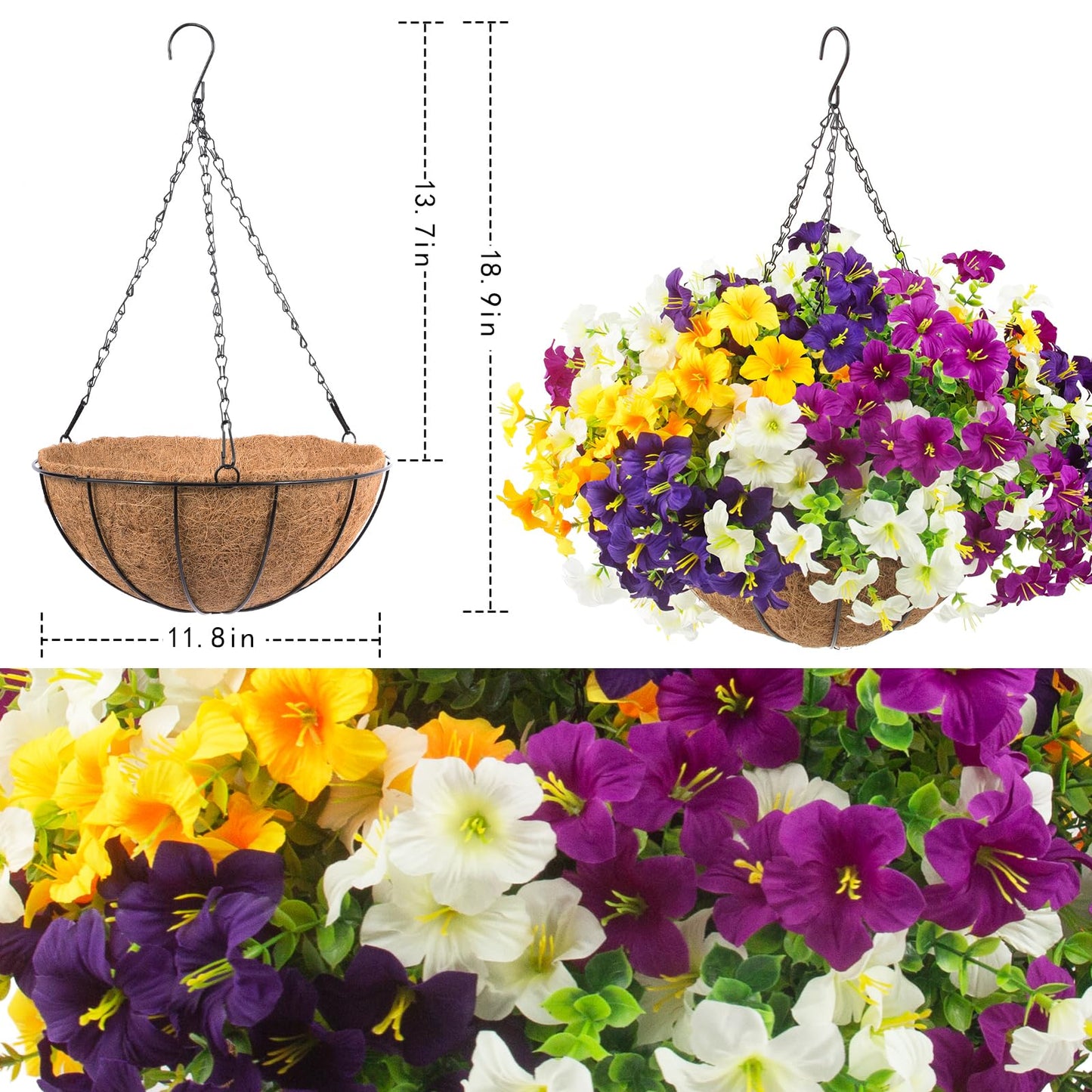 2 Set Artificial Outdoor Flowers with Hanging Baskets,24 Pcs UV Resistant Faux Petunias Flowers with Hanging Planter for Front Door Porch Spring Outside Decor (2, White,Yellow,Purple,RedViolet)