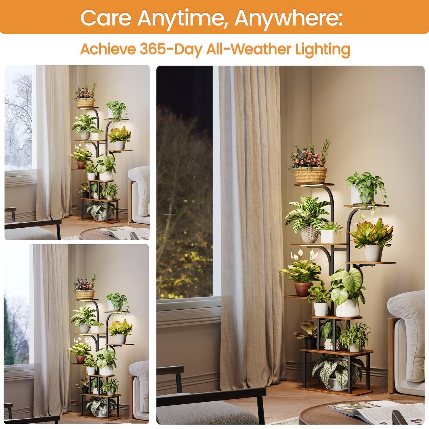 MemoCastle Tall Plant Stand with Grow Lights – 8 Tier 63" Metal and Wooden Indoor Flower Shelf Rack, Adjustable Large Corner Organizer for Living Room or Home Gardening Display