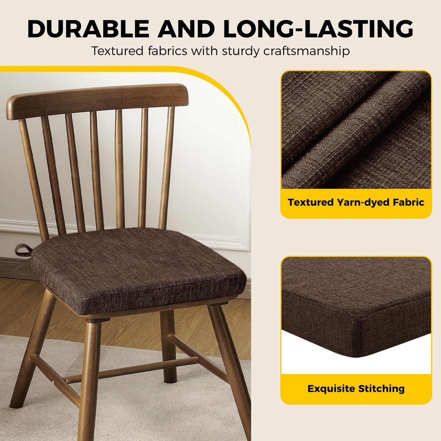 downluxe Indoor Chair Cushions for Dining Chairs, Soft and Comfortable Textured Foam Kitchen Chair Pads with Ties and Non-Slip Backing, 16" x 16" x 2", Brown, 6 Pack