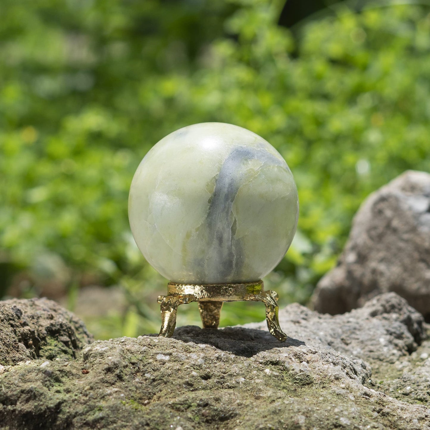 Crocon Serpentine Stone Sphere Ball with Metal Stand - 1400+ Carats Healing Sphere Sculpture for Fengshui, Home Decoration, Photography
