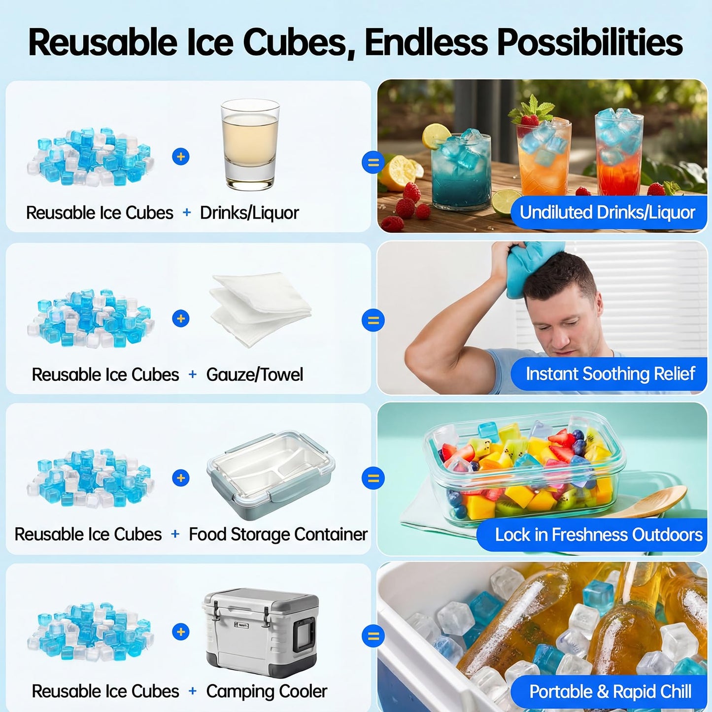 Teyva Daily 500 Pcs Reusable Ice Cubes for Cooler Bulk Refreezable Plastic Square Ice Cubes Without Diluting Large Frozen for Cooler Accessories Bars Drinks Camping Party (Blue and White)
