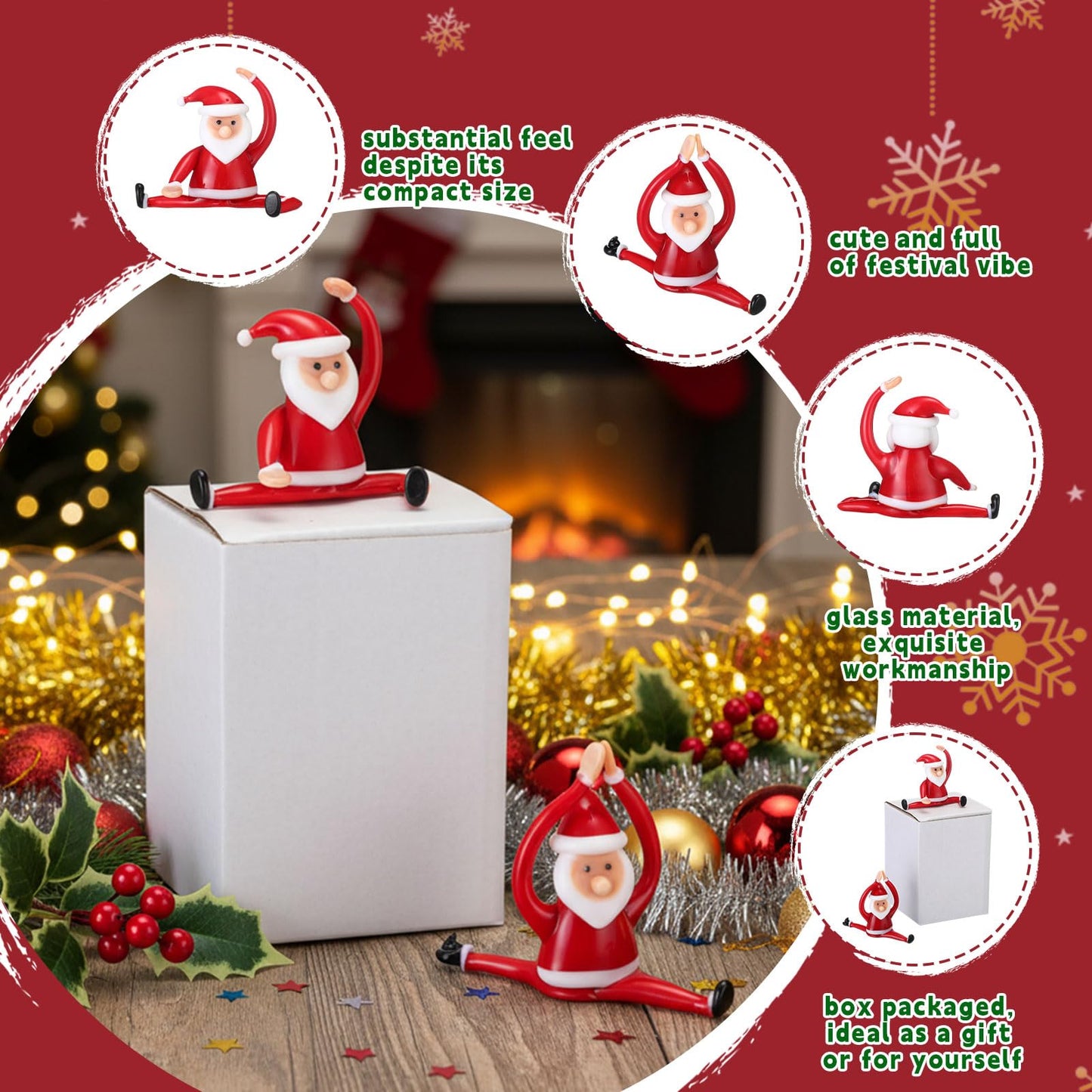 Teecyhooo 2 Pcs Christmas Mini Santa Claus Decorations Glass Yoga Santa Figurines Ornament Funny Christmas Table Sign for Employee Home Office Tabletop Desk Computer Monitor Gift