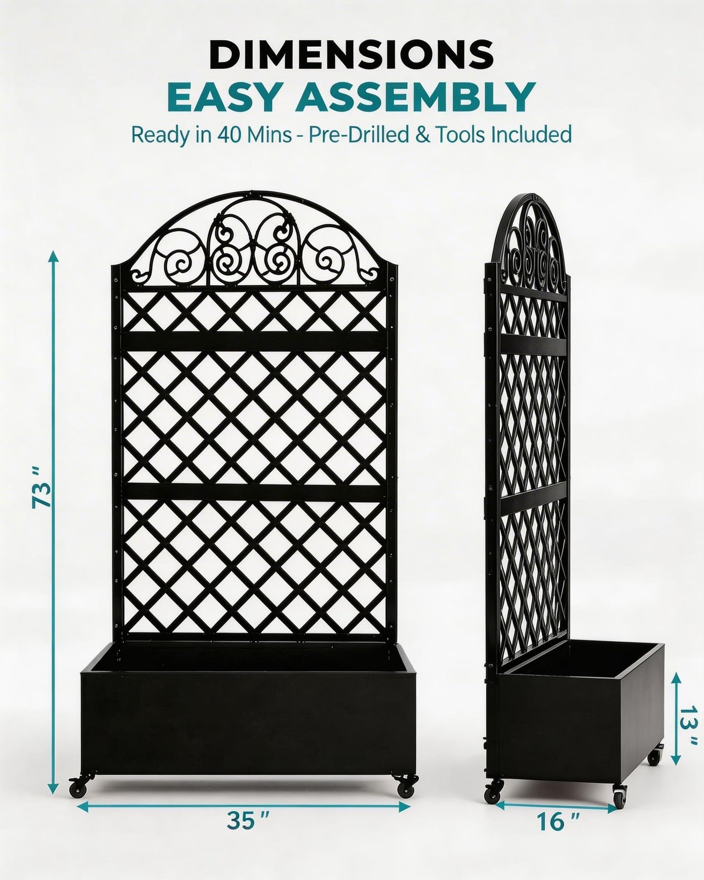 Privacy Planters for Patio, 73" Ornamental Metal Planter Box with Trellis & Locking Wheels, Scrollwork Arch Raised Garden Bed for Climbing Plants Roses Vines, Outdoor Flower Box with Drainage