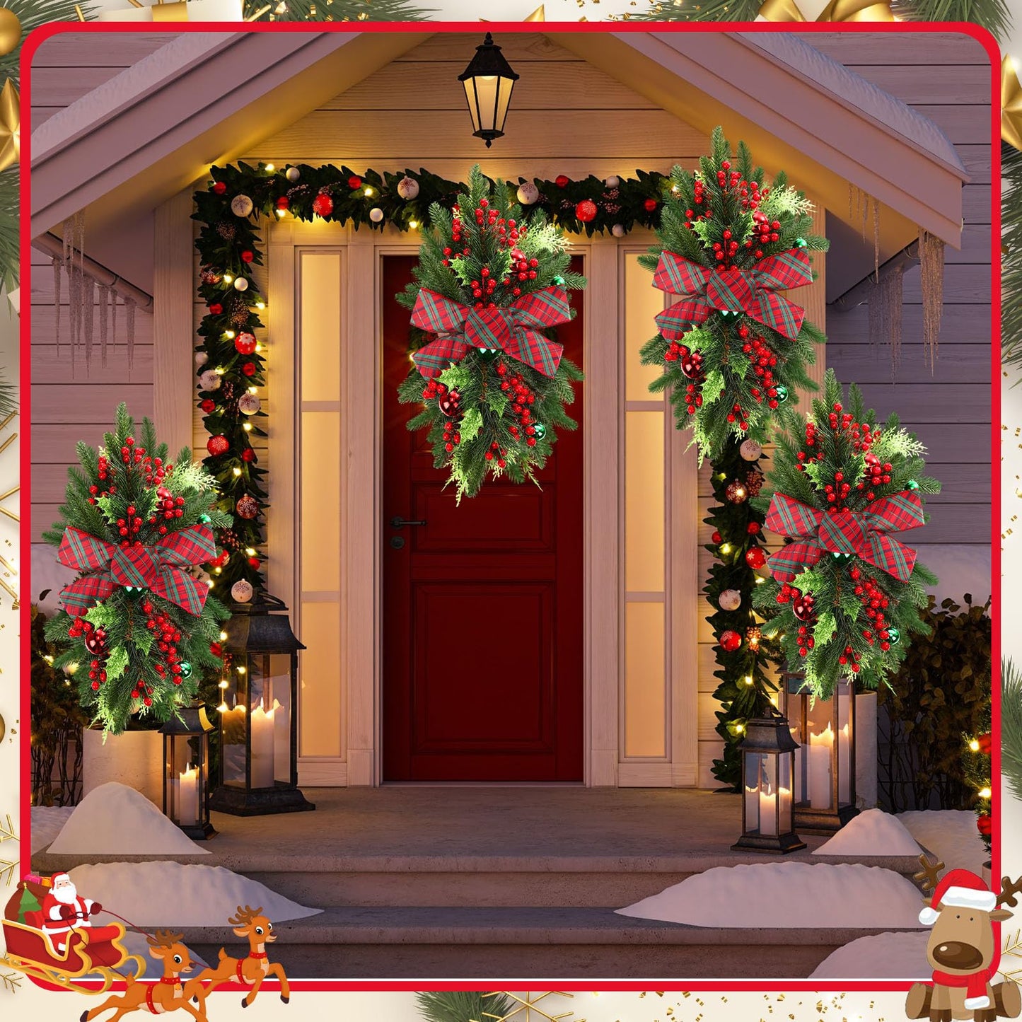 Lyrow 4 Pcs Christmas Artificial Swags 24" Xmas Stairway Swag Teardrop Trim Red Green Grid Christmas Staircase Decoration Garland for Indoor Outdoor Railing Decor(Red Green)