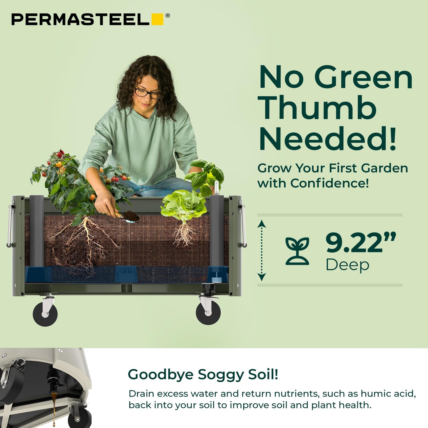 Permasteel Self-Watering Garden Bed, Rolling Planter for Vegetables, Flowers, Herbs, and Fruit, Outdoor Indoor, Caster Wheels, Army Green