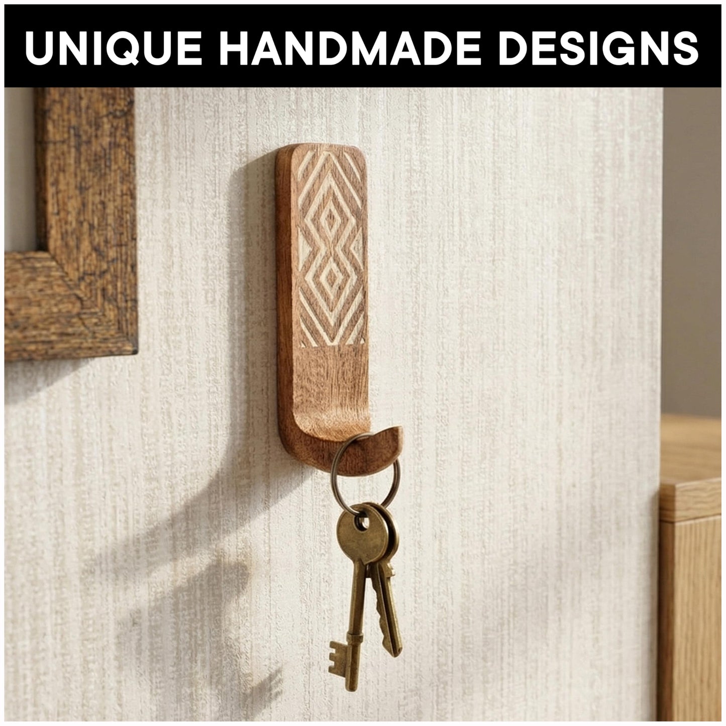Indian Shelf Boho Wood Adhesive Wall Hooks - 3 Pack Decorative Peel and Stick Key Hooks - Unique Wall Hangers for Bathroom & Entryway
