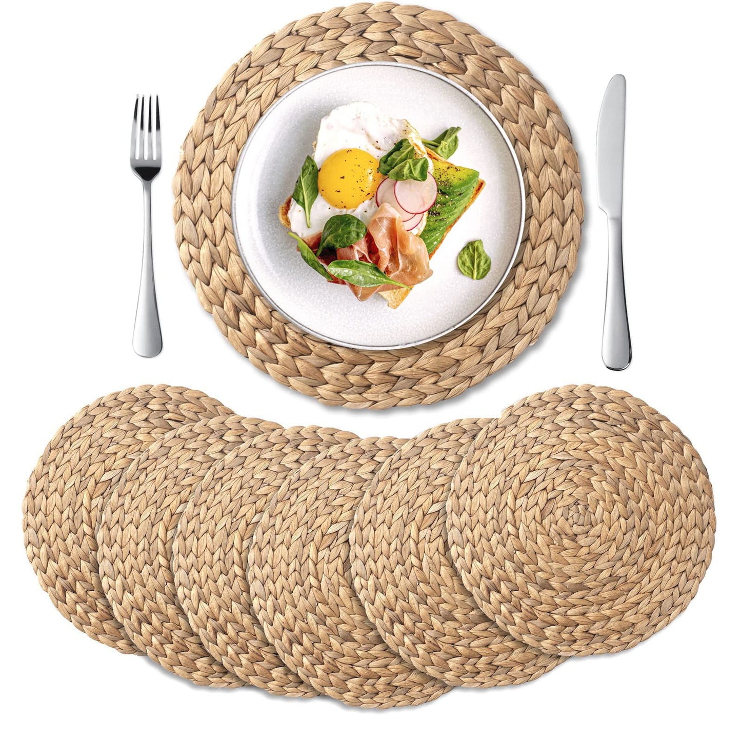 6 Pack, Round Woven Placemats, Natural Water Hyacinth Wicker Place mats, Braided Straw Table Mats, Charger Plates for Dining Table, Fall, Thanksgiving, Christmas (13.8 inch)