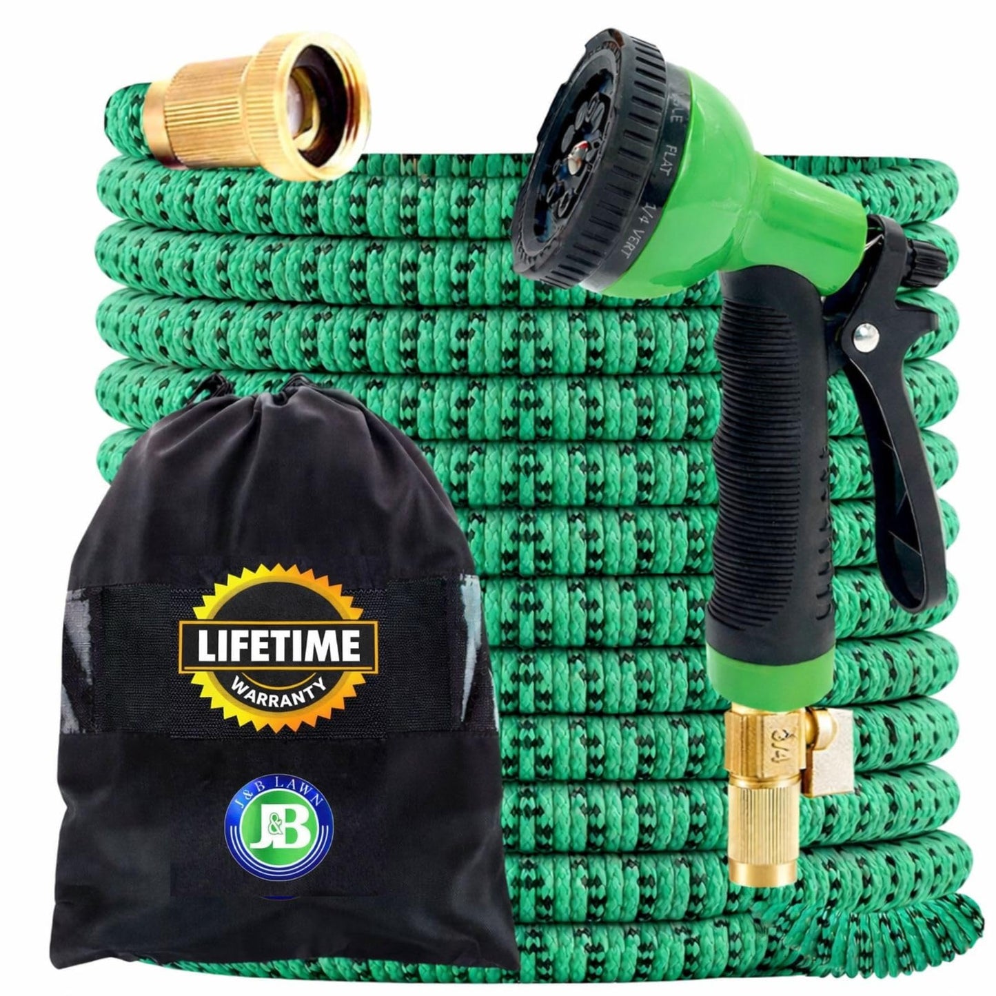 J&B XpandaHose 50ft Expandable Garden Hose – Ultra-Strong 3750D, 4-Layer Latex Core, Brass 3/4" Connectors, 10-Pattern Nozzle & Storage Bag – Lightweight, Kink-Reducing, Leak-Resistant
