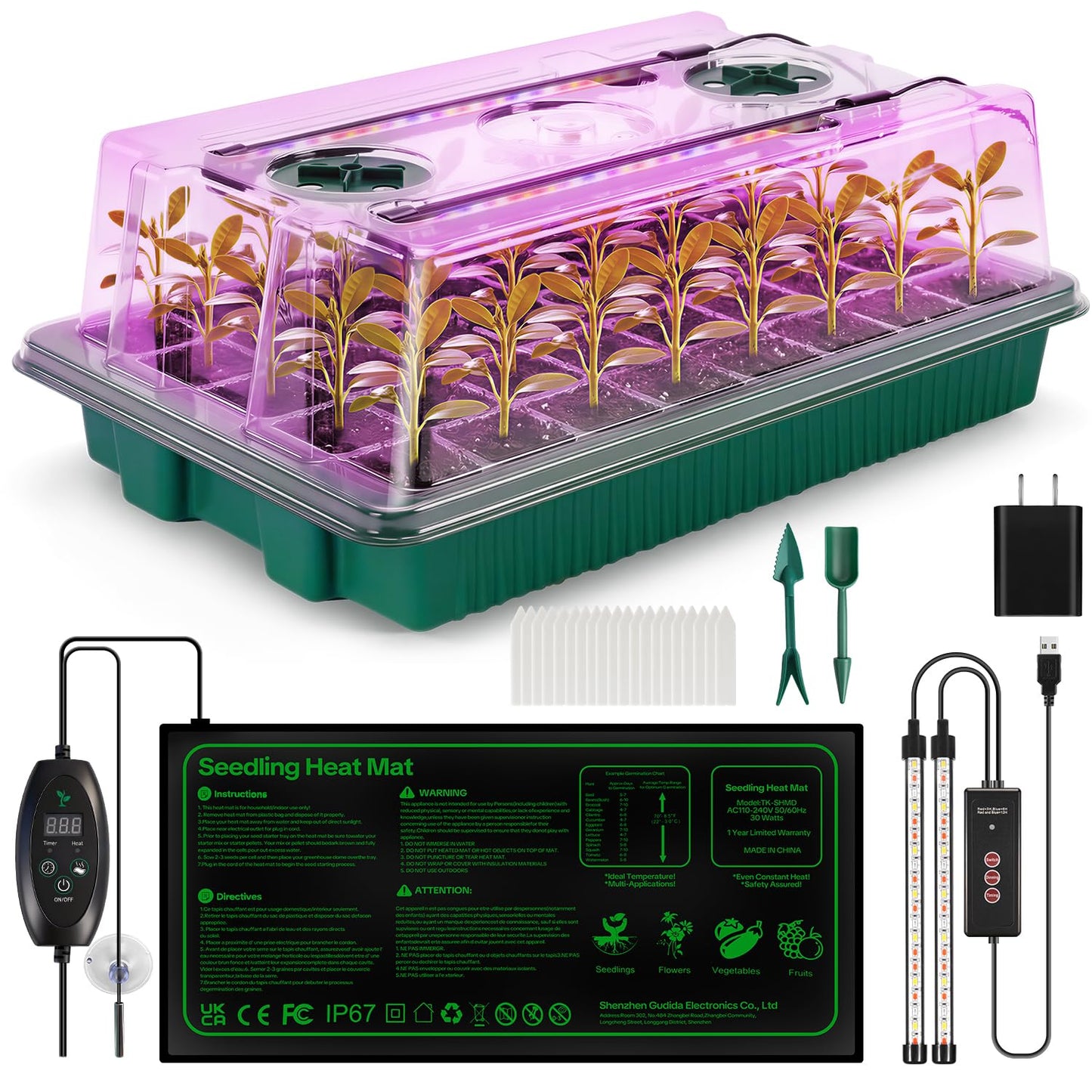 Qmioti Seed Starter Tray with Grow Light & Heating Mat, Digital Temperature Control, 40-Cell Seed Starter Kit with Humidity Dome, Reusable Seed Starter for Indoor Planting Seeds
