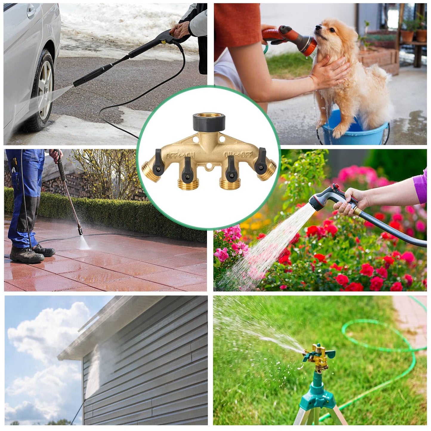 Hose Splitter 4 Way, CUMIZON Solid Brass Garden Hose Splitter Heavy Duty 3/4" Standard Threads, Leak-Proof Dual Outlet Splitter for Sprinklers and Irrigation Systems