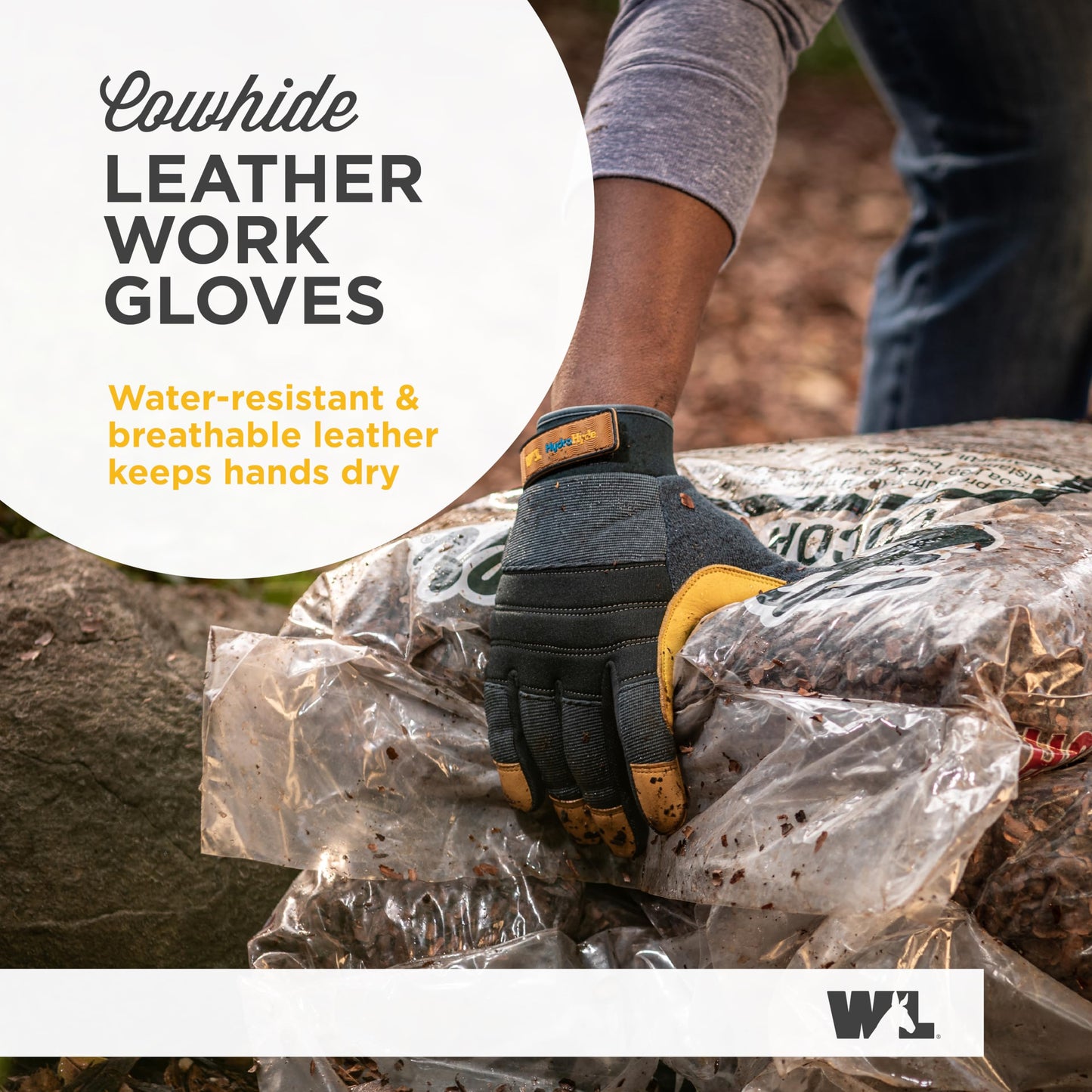 Wells Lamont Men's HydraHyde Work Gloves – Cowhide Leather, Reinforced Fingertips for Durability – Adjustable Velcro Wrist – Ideal for Gardening, Landscaping, Lawn Care – Navy - L