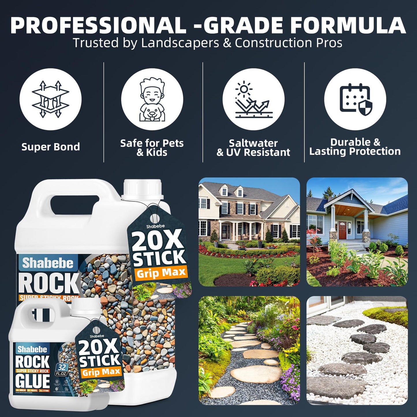 Shabebe Rock Glue for Landscaping – 2 Gallon Mulch Glue with Grip Max, Strong Adhesion& Max Coverage Gravel Binder for Rocks, Gravel & Pine Straw, Covers Up to 3X Area, Fast-Drying & Weather-Resistant