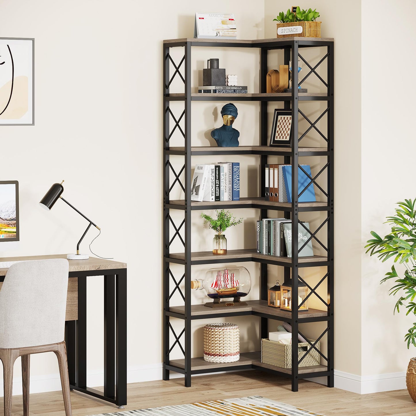 Tribesigns 7-Shelf Corner Bookshelf,Large Modern Corner Bookcase, 7-Tier Tall Corner Shelf Storage Display Rack with Metal Frame for Living Room Home Office (Grey)