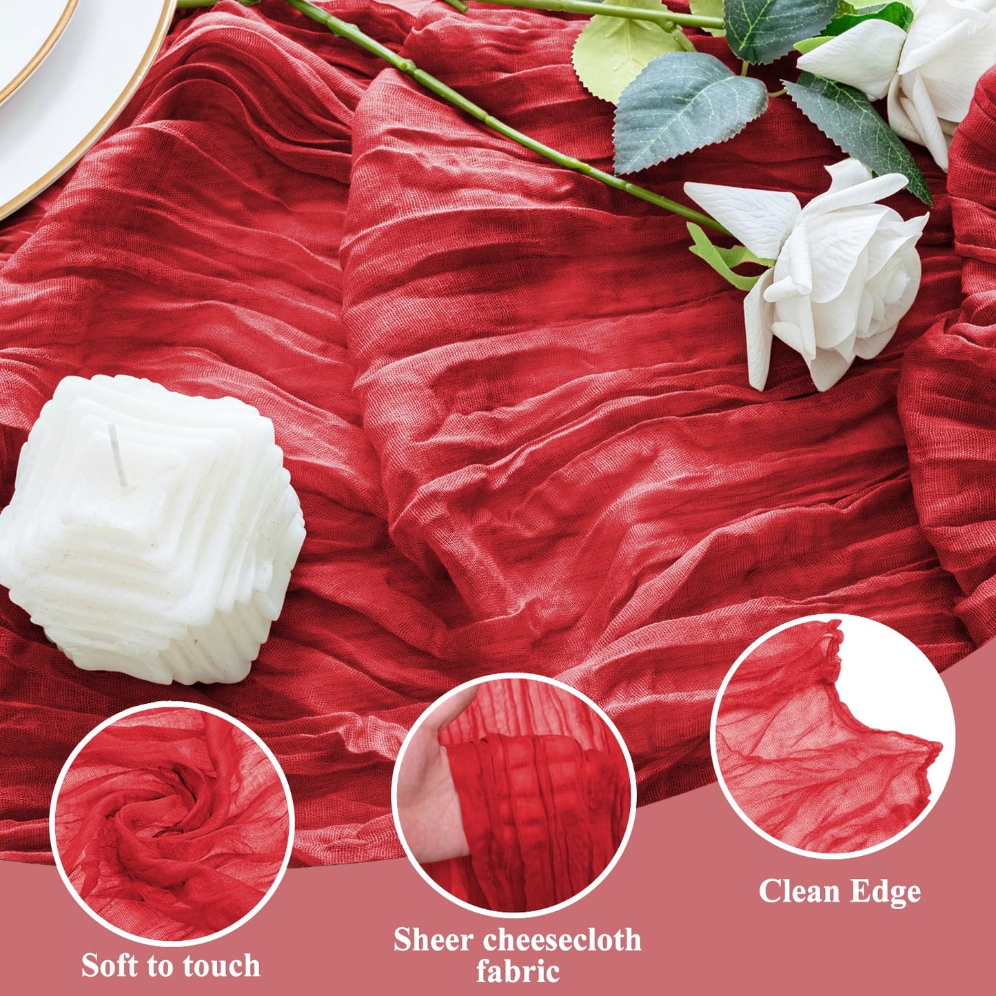 Xiomot Table Runner Cheesecloth 10FT Red Boho Gauze Cheese Cloth Rustic Sheer Table Runners for Wedding Birthday Bridal Baby Shower Party Decoration