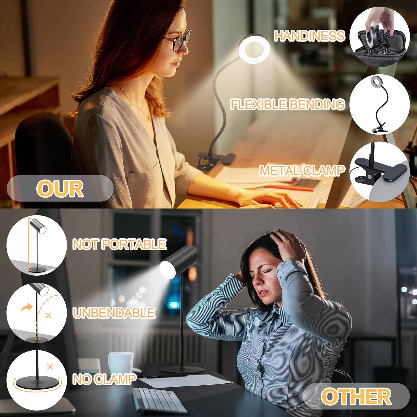 Foneso Desk Lamp Clip on Light, 48 LED USB Lamp with 3 Color Modes 10 Brightness Levels, 360° Flexible Gooseneck Eye Protection Bed Night Light for Reading, Makeup, Craft (Black)