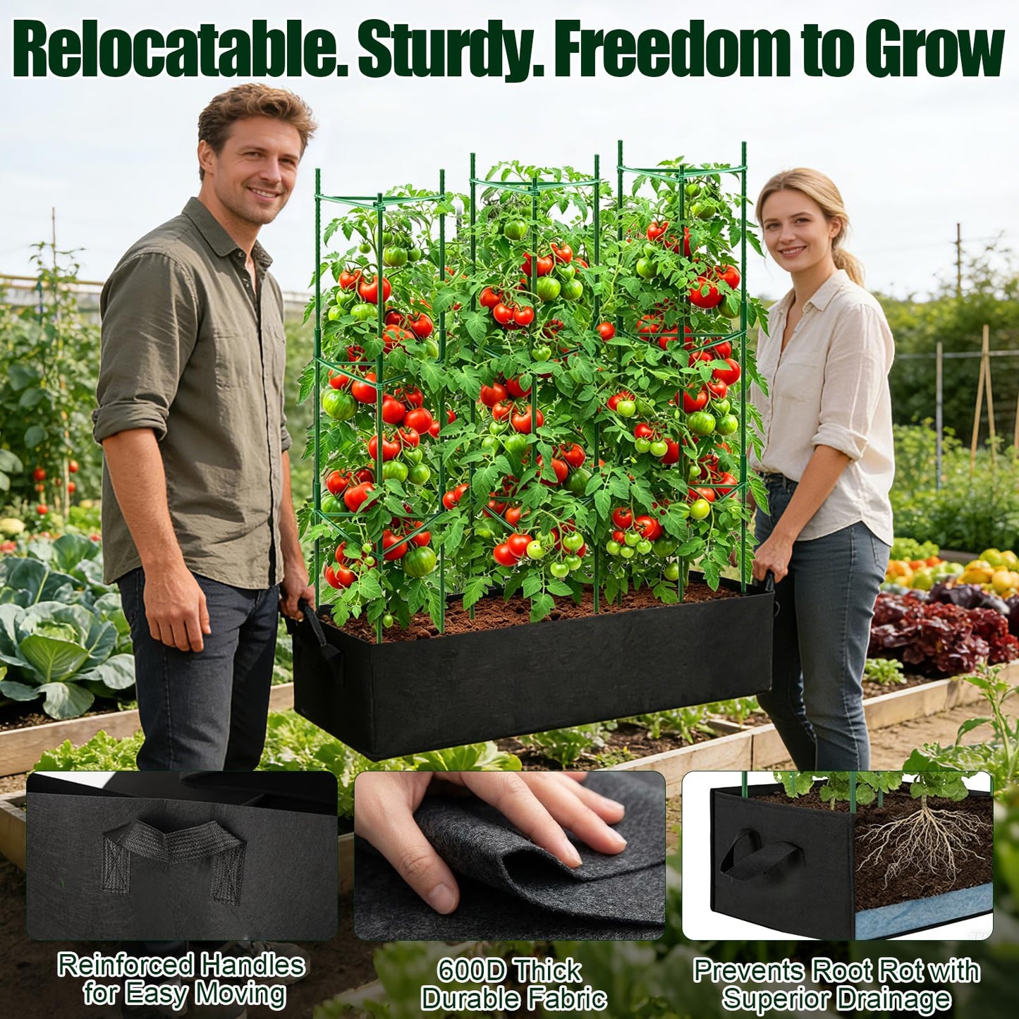 BobbleT 3 Pack Heavy Duty Tomato Cages with 57 Gallon Grow Bag, 48" Adjustable Tomato Trellis for Raised Garden Bed, Sturdy Triangle Plant Support for Climbing Vegetables, Cucumbers & Garden Plants