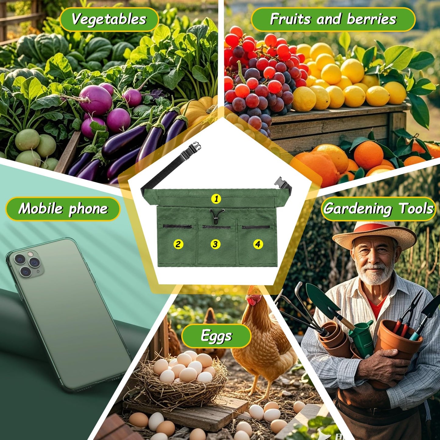 Sxdahran Gardening Apron, 4 Pockets for Harvesting Vegetables Eggs Half Garden Apron Unique Gift Garden Tools Organizer Green