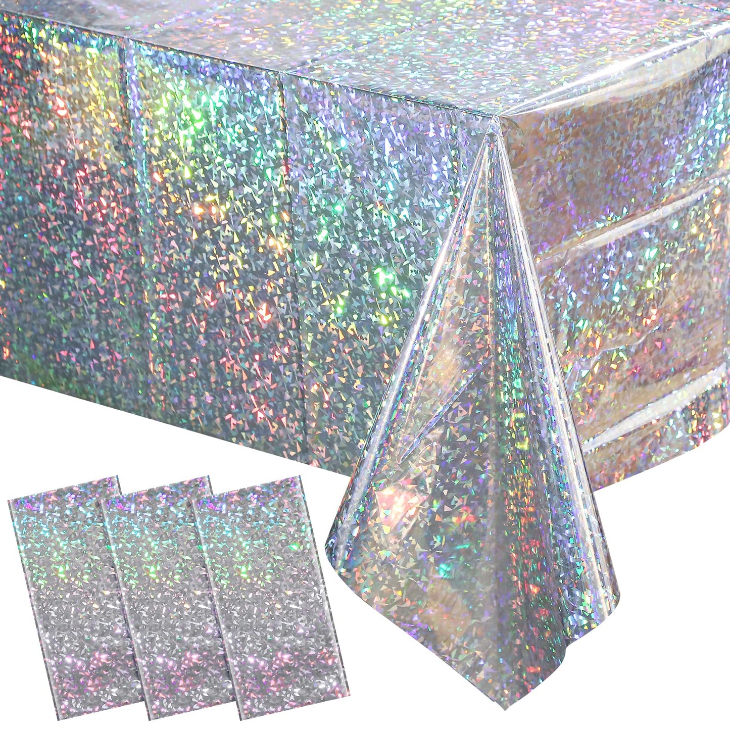 3 Pack New Iridescent Silver Tablecloth Party Decorations, Holographic Silver Glitter Plastic Tablecloth, Disposable Laser Rectangle Table Cover for Disco Birthday 70s Theme Party Decorations, 54x108"