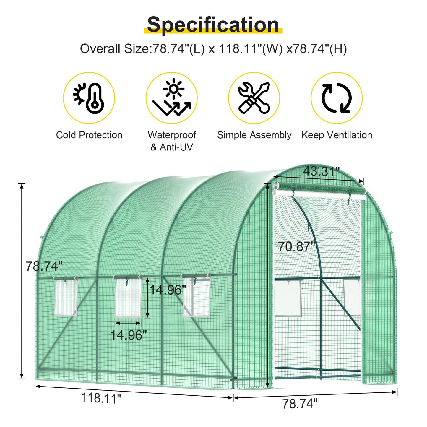 Greenhouse, 10’x7’x7’ Walk-in Greenhouse Heavy Duty Tunnel Green House with 6 Ventilated Mesh Windows & Zippered Roll-up Door, Large Plant Garden Hot House Outdoor with Reinforced Frame