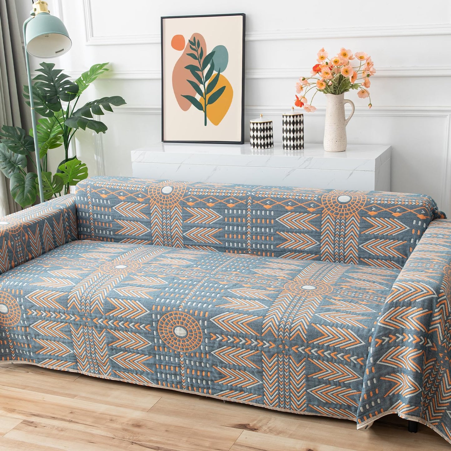 Osunnus Cotton Couch Cover Washable Boho Reversible Throw Sofa Cover Geometric Jacquard Multi-Use Furniture Protector for 2-3 Cushion Sectional L Shaped Sofa Bed Boho Home Decor, 79" x 118"
