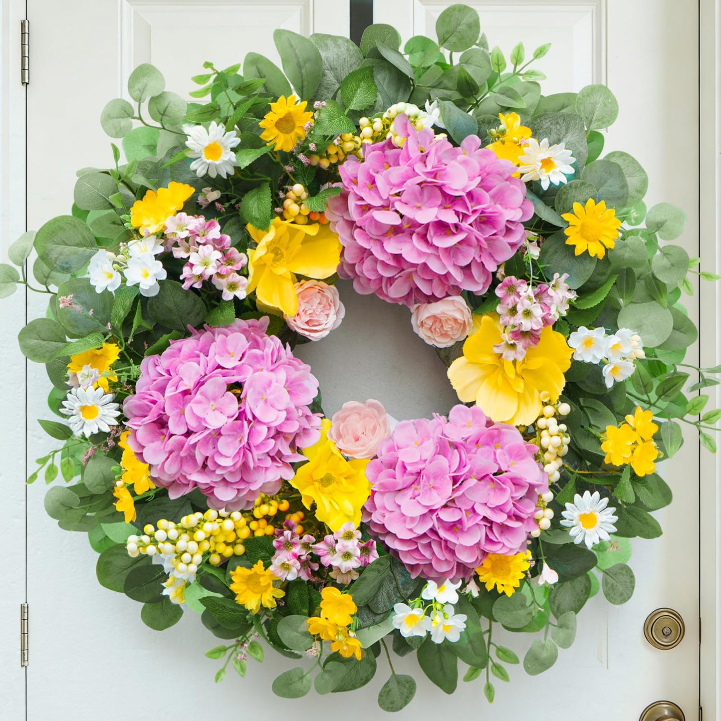 Rimalo 24 Inch Spring Summer Wreaths for Front Door - Summer Wreath with Vibrant Hydrangea, Roses, Daisies and Yellow Berries for Porch, Mantel, Farmhouse Home Decor, Outdoor Artificial Flower Wreath
