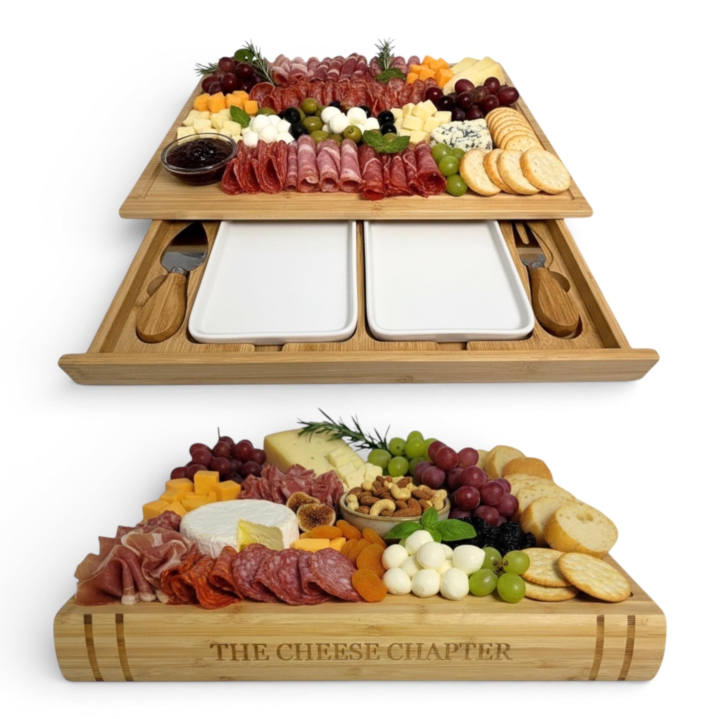 The Cheese Chapter | 100% Bamboo | Book-Inspired Charcuterie & Cheese Board | Hidden Slide-Out Drawer with Utensils & Plates | Statement Kitchen Display Piece