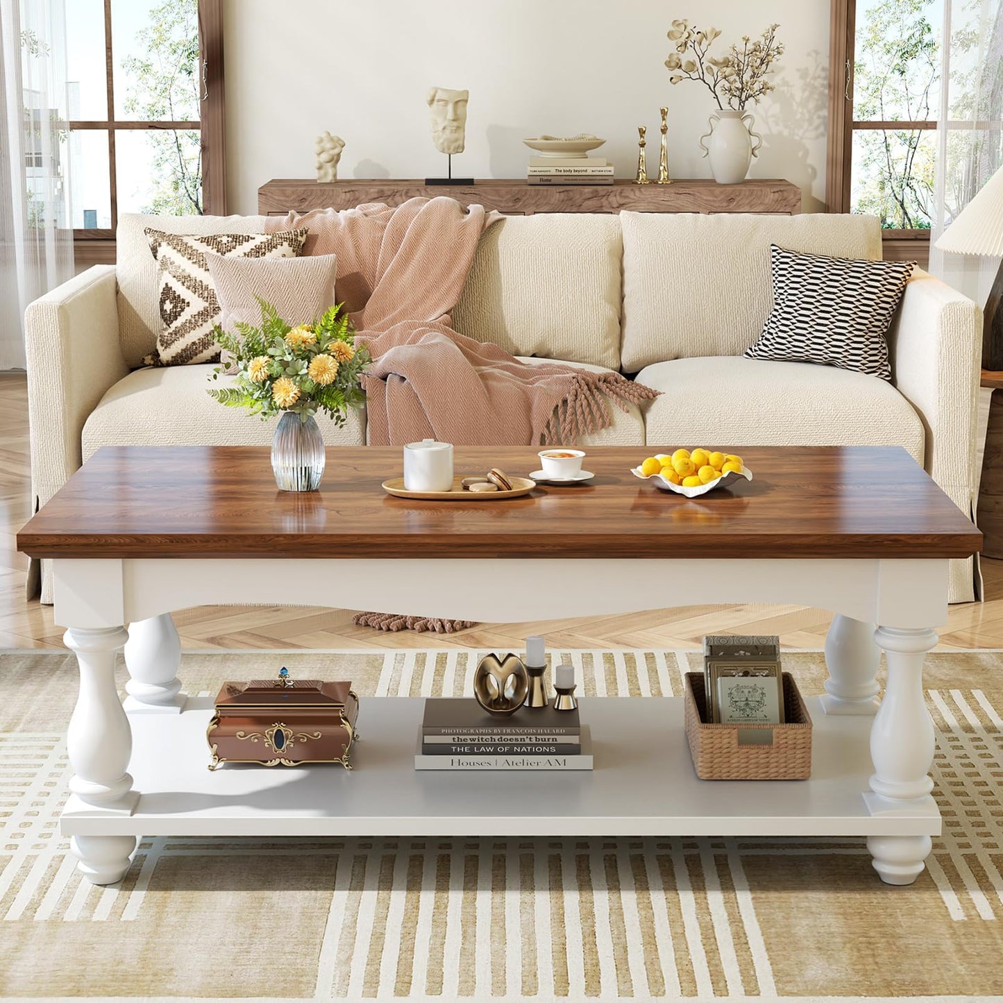 Besiost Farmhouse Coffee Table with Storage, 47" Mid Century Coffee Tables for Living Room, Modern 2-Tier Rectangle Coffee Table with Solid Wood Legs, Vintage Living Room Tables, Rustic Brown