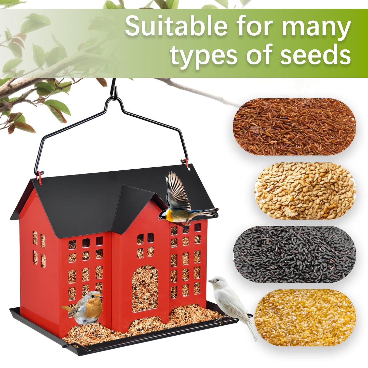 BOCHENTECH Hanging Bird Feeder, Outdoor Bird Feeder, Metal Bird Feeder, 5.6LB with Three Small Individual compartments for Finch Cardinal Chickadee, Large Capacity, Weatherproof and Durable
