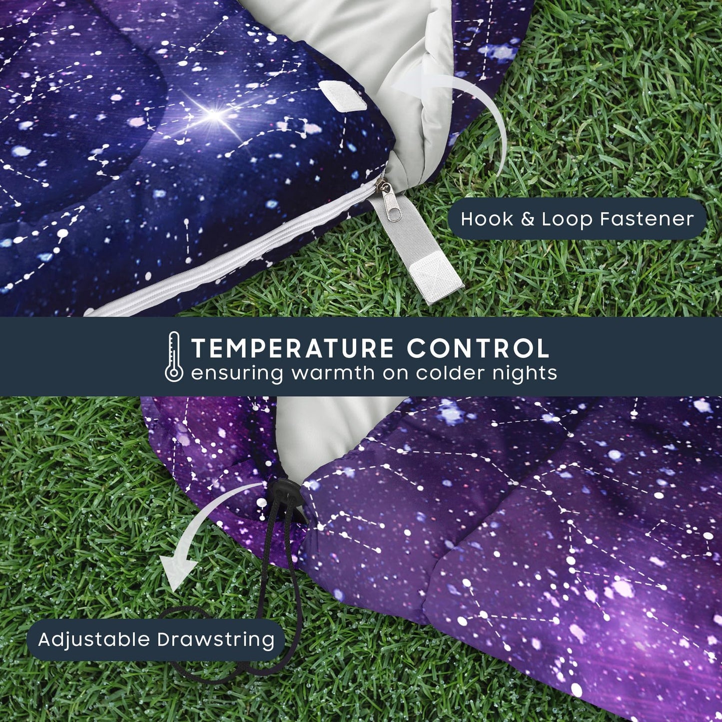 Wake In Cloud - Kids Sleeping Bag for Boys Toddlers, Camping in Warm Cold Weather, Backpacking Lightweight Compact Outdoor Liner for 3 Seasons, Constellation Galaxy, Indigo Purple