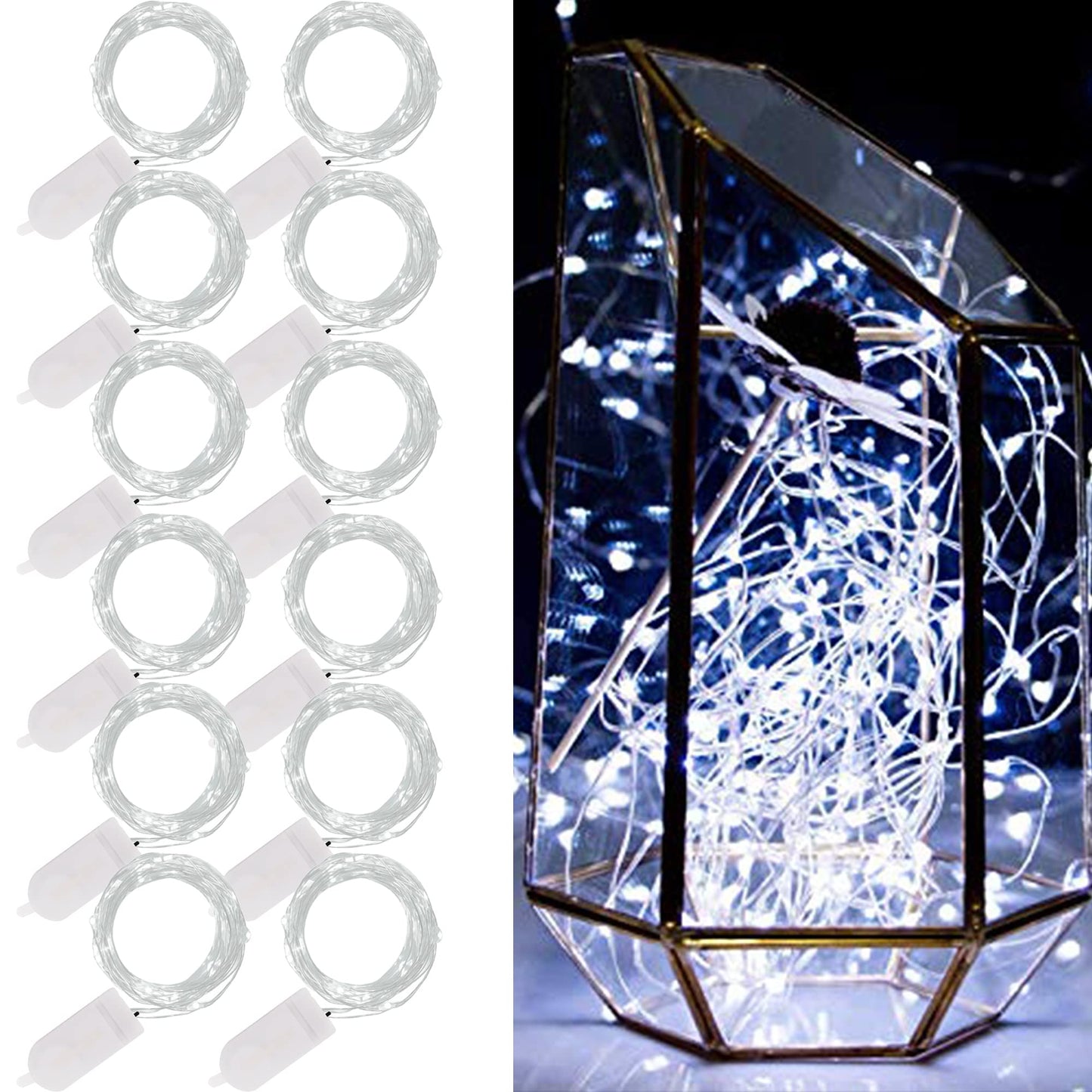 WATERGLIDE 12 Pack Fairy Lights Battery Operated (Included), 7 ft 20 LED Mini String Lights, Waterproof Silver Wire Firefly Starry Lights for DIY Wedding Christmas Party Mason Jars Decor, Cool White