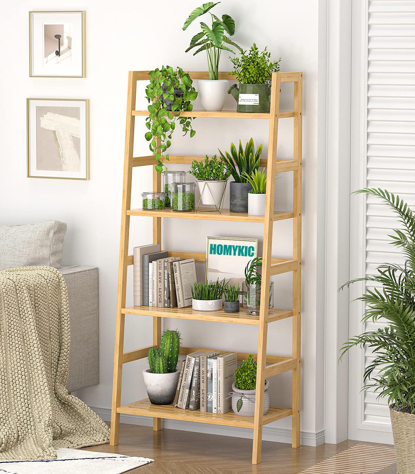 Homykic Ladder Shelf, 4-Tier Bamboo Ladder Bookshelf Small Bookcase, 49” Tall Open Display Shelves Wood Plant Stand Storage Rack for Living Room, Bathroom, Bedroom, Home Office