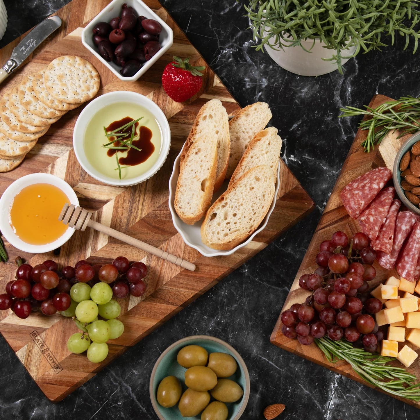 SLATE & ROYCE Herringbone Acacia Wood Cutting Board Set of 2 — Premium Wood Cutting Board & Serving Board, Non-Toxic, Kitchen Prep & Entertaining, Perfect Wedding or Housewarming Gift