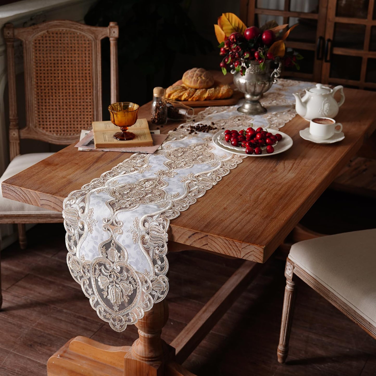Artbloss Elegant Embroidered Lace Table Runner with Ornate Gold Floral Design Sheer Decorative Runner for Dining Table Wedding Reception Holiday Decor (Champagne Gold, 12“ x 124")