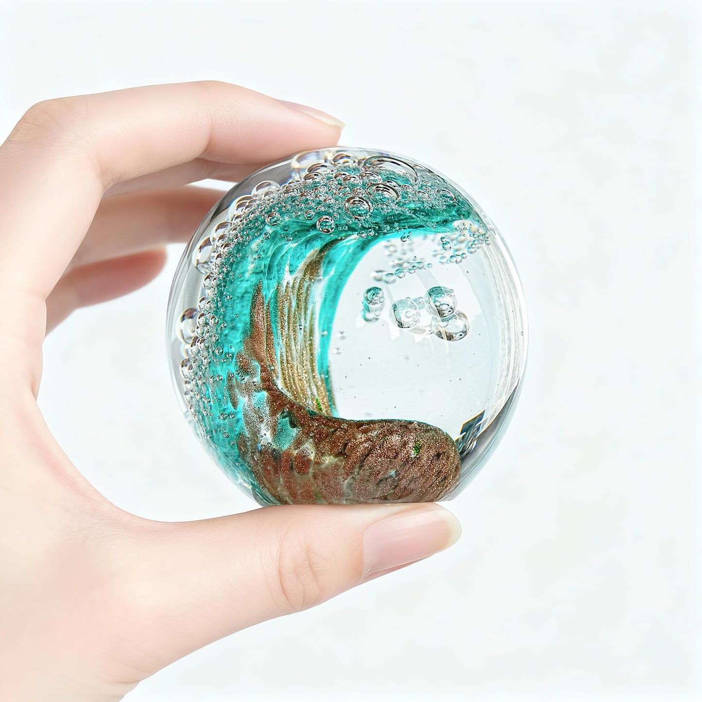 Hand Blown Glass Ocean Wave Ball, 2.3" Blue Sea Wave Crystal Figurine Paperweight, Decorative Glass Sphere Ornament for Home Office, Nautical Decor Collectible, Birthday Gift for Ocean Lovers