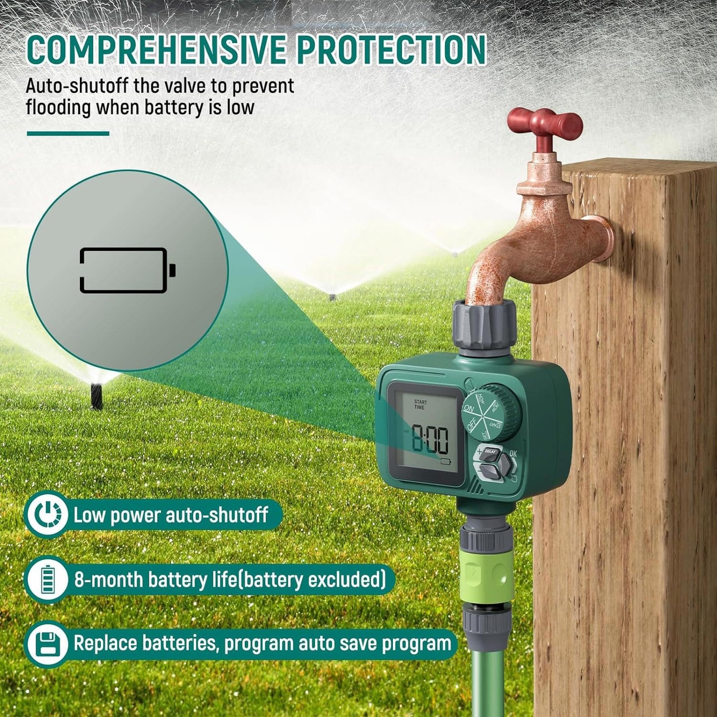 Sprinkler Timer: Programmable Hose Timer with Rain Delay/Manual/Automatic Watering System, Water Timers for Garden Hose, Digital Drip Irrigation for Yard Lawn Outdoor（1 Outlet）