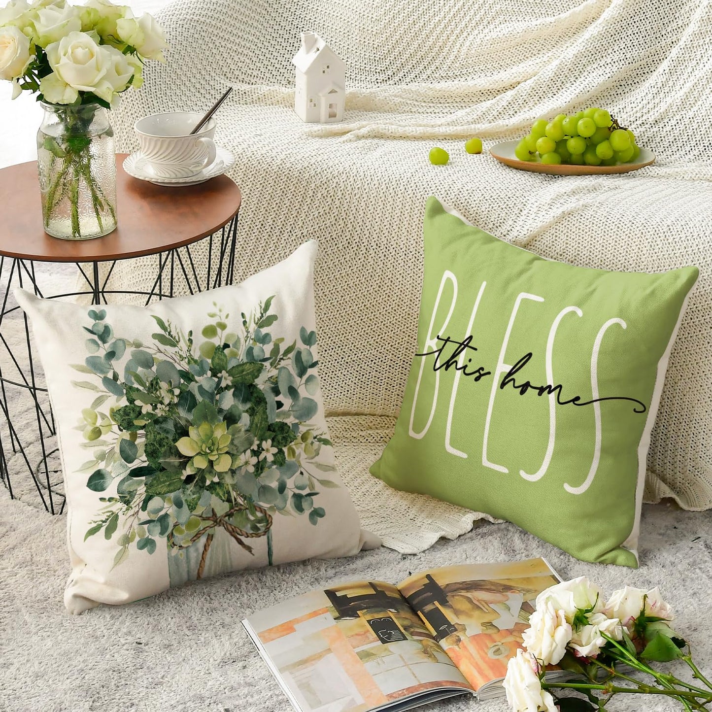 AVOIN Colorlife Home Sweet Home Eucalyptus Leaves Green Throw Pillow Covers, 18x18 Inch Spring Summer Seasonal Decorations Set of 4